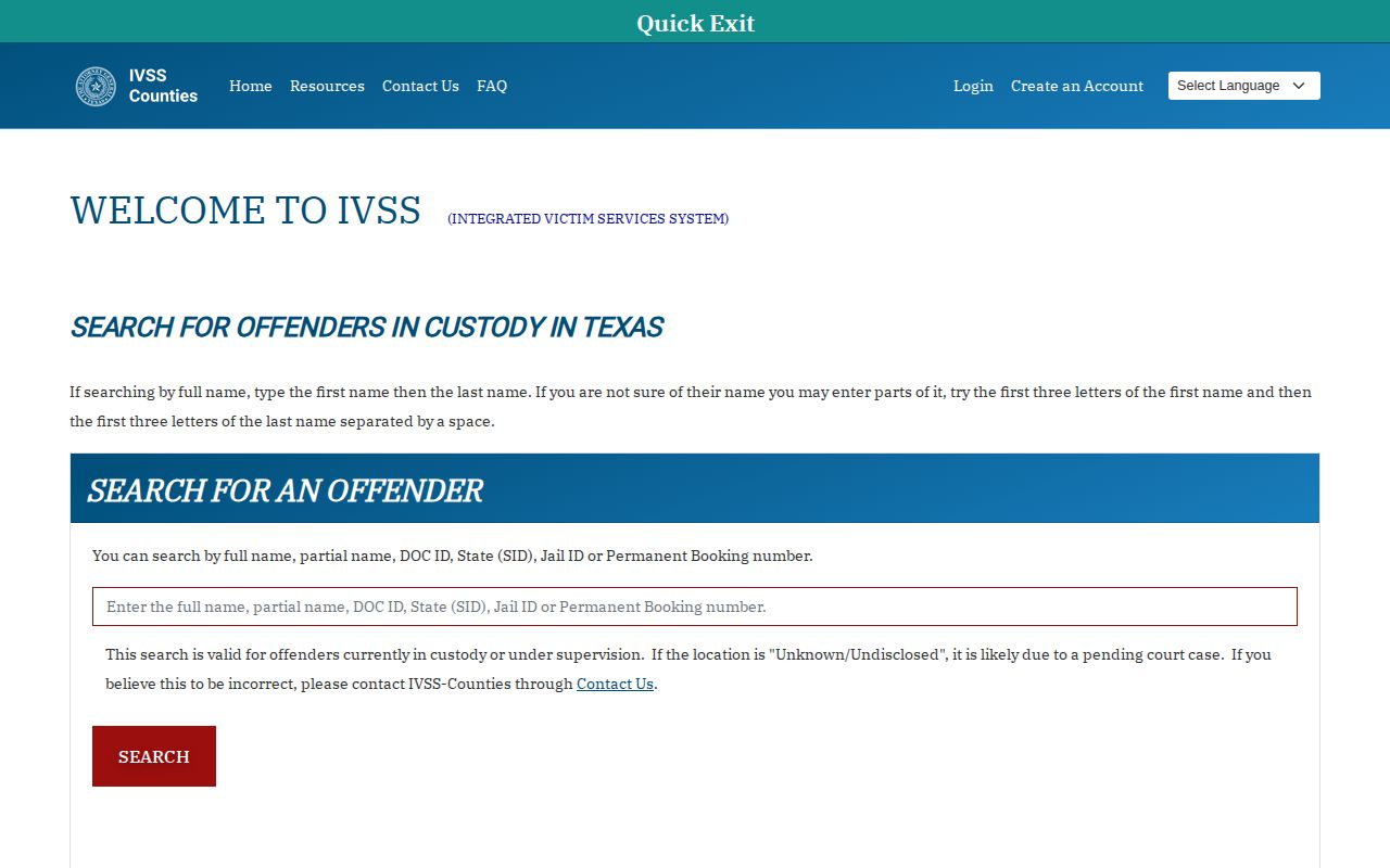 El Paso County VINE inmate check on the Texas IVSS-Counties portal