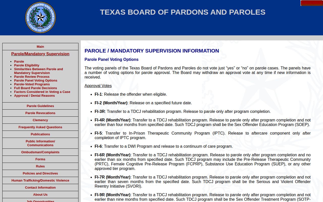 El Paso County parole release decision terms from the Texas Board