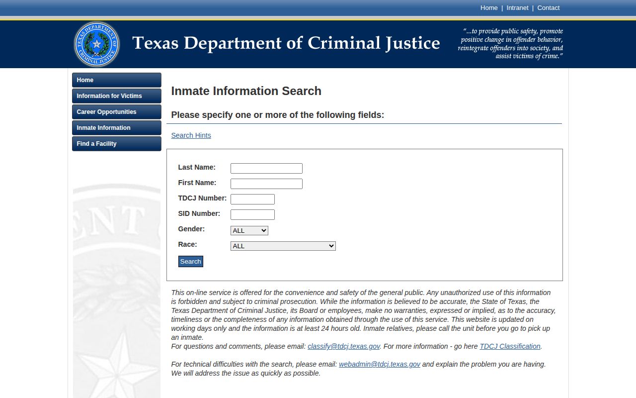Texas Department of Criminal Justice offender information search