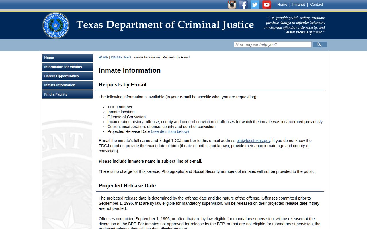 TDCJ photograph limitation for El Paso County released inmate records