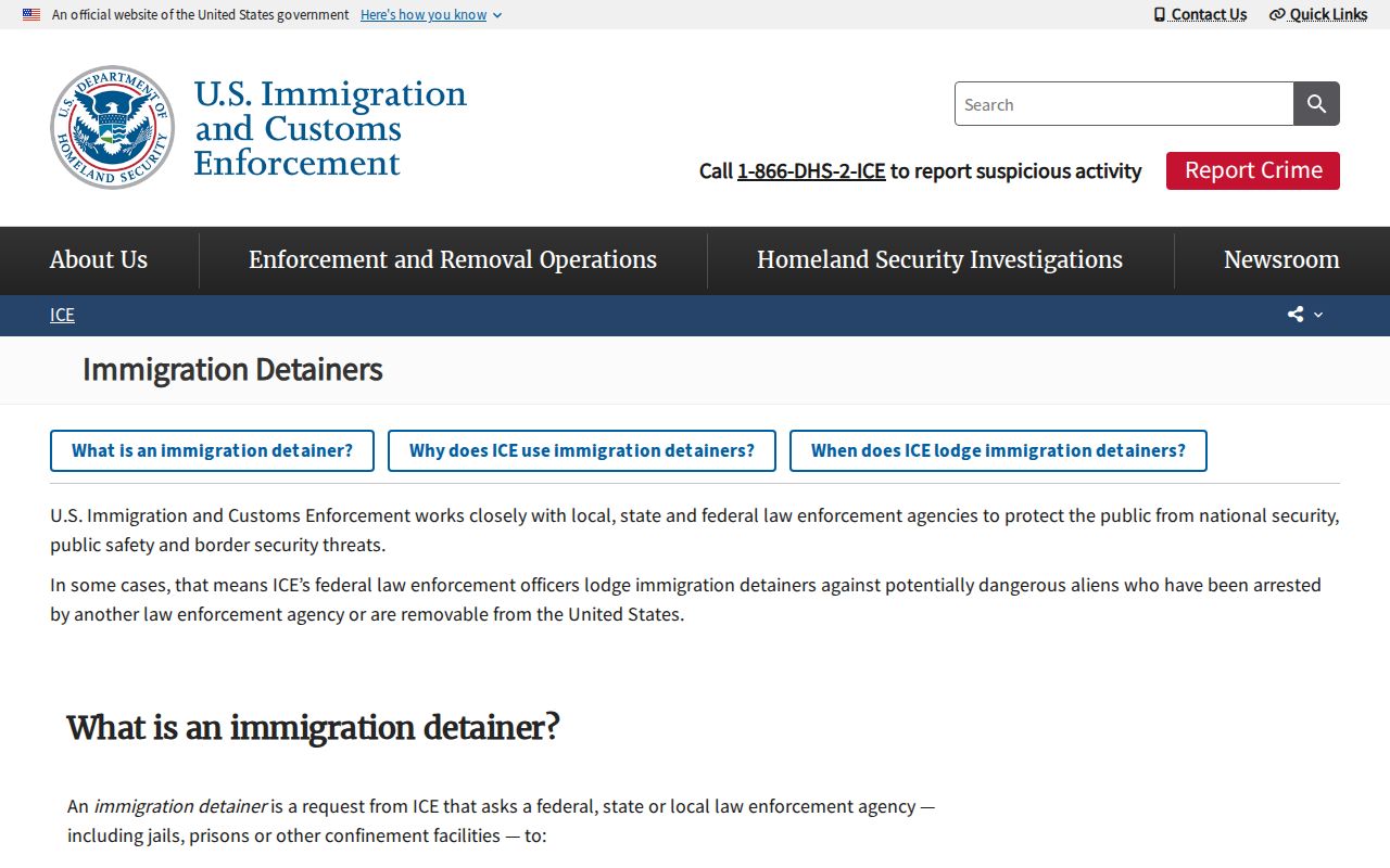 Official ICE explanation of immigration detainers and custody transfer